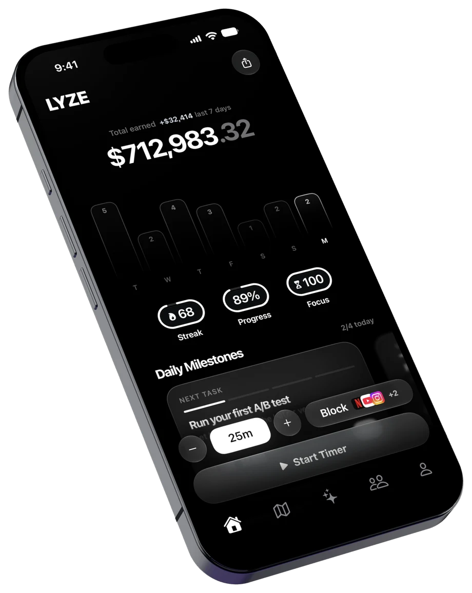 LYZE home screen with the Earned balance (in-app currency), weekly task chart, streak, progress and focus